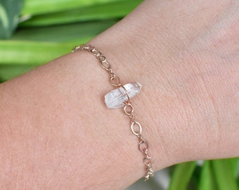 CLEAR QUARTZ Bracelet wrapped in 14 K Rose Gold wire. Unique boho rave crystal jewelry, wire wrapped handmade, raw natural gemstone