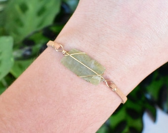 Green Kyanite bracelet wrapped in 14K Gold Filled wire. Unique boho rave jewelry, rough natural gemstone. Trendy fashion statement