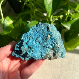 May include: A large, rough, teal blue crystal with a dark green and black mineral inclusion. The crystal has a textured surface and is irregularly shaped.