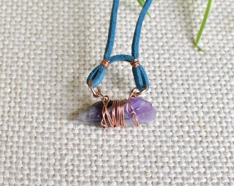 Amethyst Crystal necklace. Beautiful and unique copper wire-wrapped necklace. Boho rave jewelry. Copper and faux suede. VEGAN