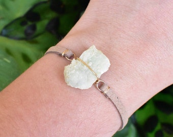 Green Prehnite bracelet wrapped in 14K Gold Filled wire. Unique boho rave jewelry, rough natural gemstone. Trendy fashion statement