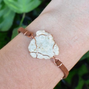 Prehnite crystal bracelet, unique boho rave jewelry, copper wire wrapped handmade art, raw natural gemstone.