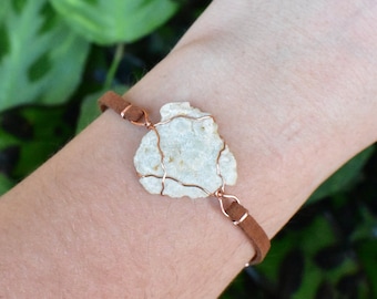 Prehnite crystal bracelet, unique boho rave jewelry, copper wire wrapped handmade art, raw natural gemstone.