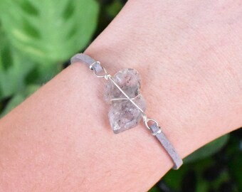 TWIN HERKIMER DIAMOND Bracelet wrapped in Silver Plated wire. Unique boho rave crystal jewelry, wire wrapped handmade, raw natural gemstone