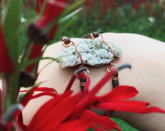 Thomsonite, chabazite, and quartz crystal cluster bracelet, unique boho rave jewelry, copper wire wrapped handmade art, raw natural gemstone