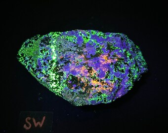 From our Personal Collection! 3 color Fluorescent Specimen from Franklin, New Jersey. Hardystonite, Clinohedrite, Willemite.