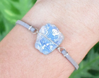 Blue Australian Opal Potch Bracelet. Unique boho rave jewelry, silver plated wire wrapped handmade art, rough natural gemstone.