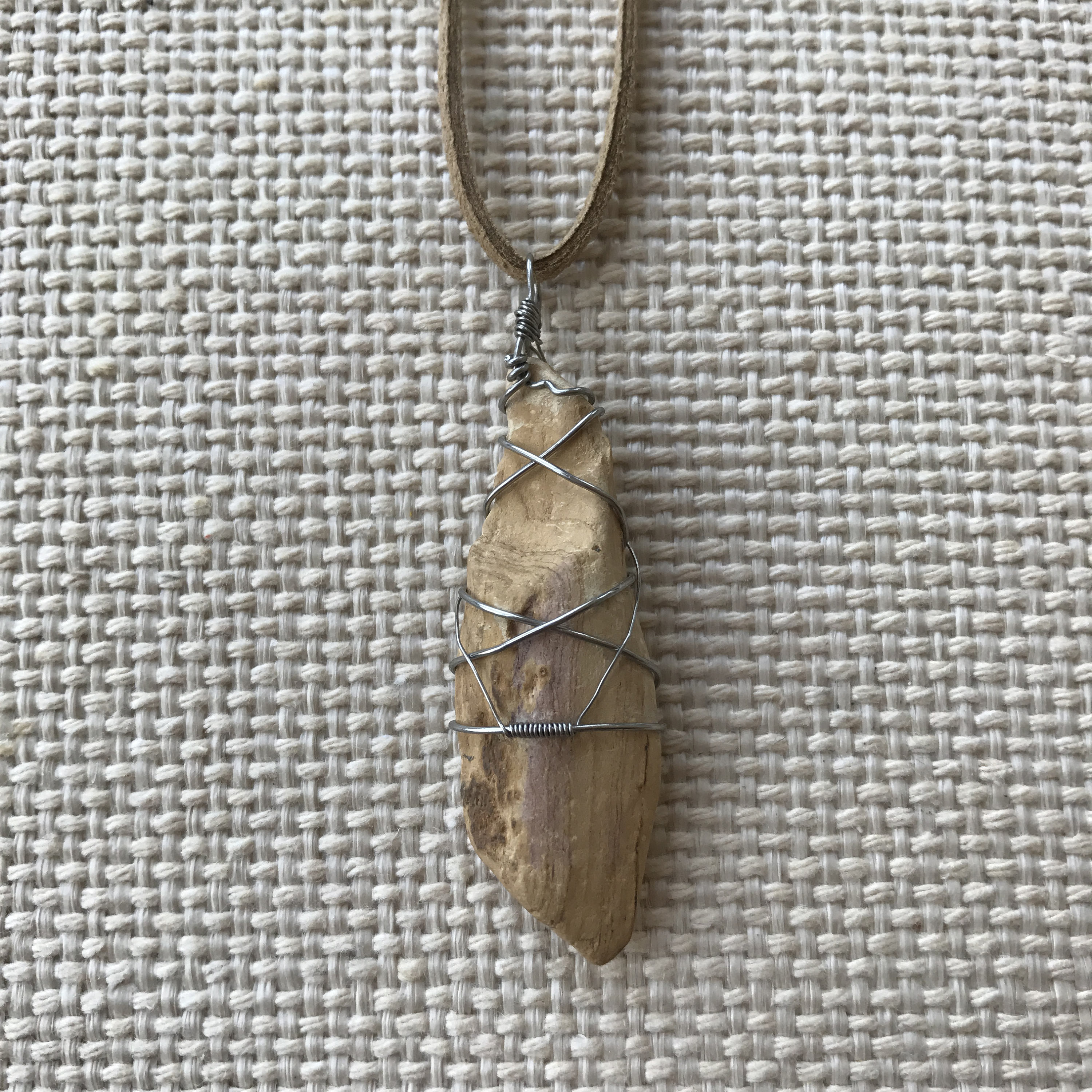 Petrified wood necklace wrapped in stainless steel wire, boho rave