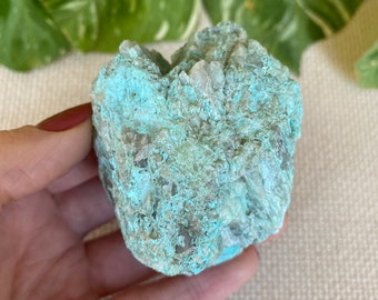 Beautiful Chrysocolla, Plancheite, Shattuckite, and Quartz. Raw / rough crystal from Namibia.