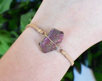 CHALCOPYRITE  bracelet wrapped in 14K Gold Filled wire. Unique boho jewelry, rainbow raw rough natural gemstone. Trendy fashion statement.