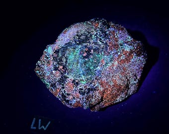 Fluorescent Birdseye Sphalerite and pyrite on zinc ore. Longwave fluorescent. From Balmat, NY - ET130