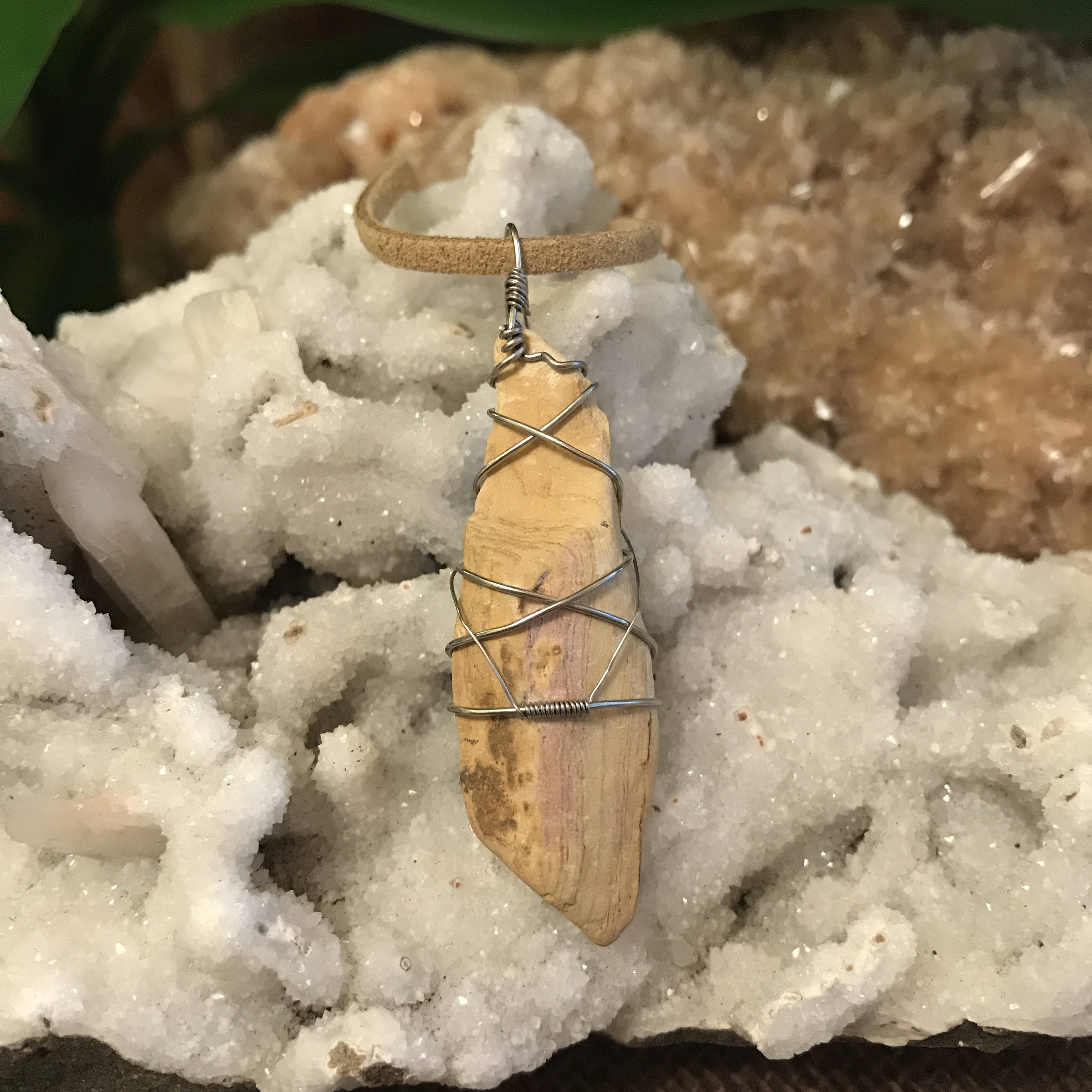 Petrified wood necklace wrapped in stainless steel wire, boho rave