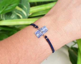 Rough Blue Kyanite bracelet wrapped in 14K Rose Gold wire. Unique boho rave jewelry, rough natural gemstone. Trendy dainty fashion statement