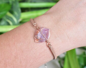 STUNNING AMETHYST wrapped in 14 K Rose Gold wire. Crystal Bracelet, unique boho rave jewelry, wire wrapped handmade, raw natural gemstone