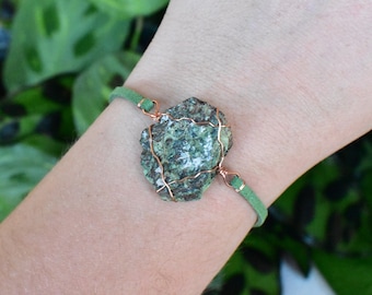 GASPEITE Crystal Bracelet. Green unique boho rave jewelry, copper wire wrapped handmade art, raw natural gemstone.