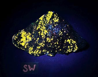 Fluorescent Wollastonite, Franklinite, Hydrozincite, and Pyrite. Yellow shortwave SW fluorescence. Sterling Hill Mine, NJ. ET132