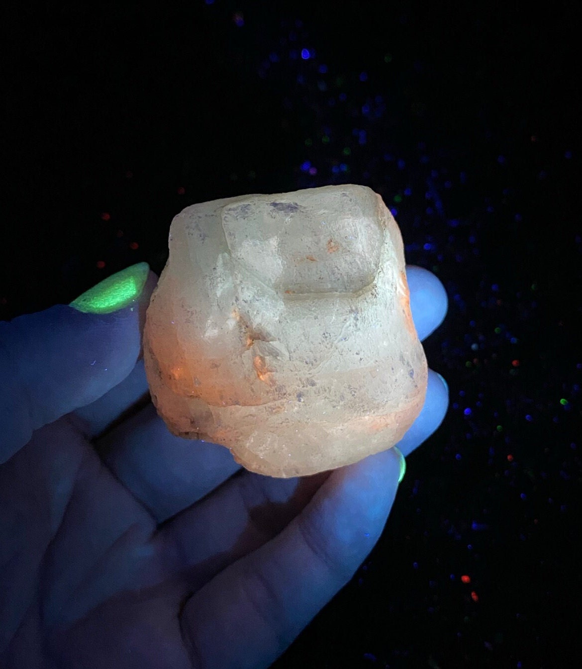 Lw Texas. Orange and Yellow Longwave Fluorescent mineral from Terlingua FLUORESCENT CALCITE Crystal