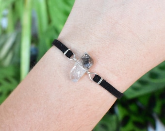 Herkimer DIamond Bracelet wrapped in Silver Plated wire. Unique boho rave crystal jewelry, wire wrapped handmade, raw natural gemstone