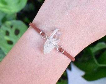 CLEAR QUARTZ CRYSTAL wrapped in Silver plated wire. Crystal Bracelet, unique boho rave jewelry, wire wrapped handmade, raw natural gemstone