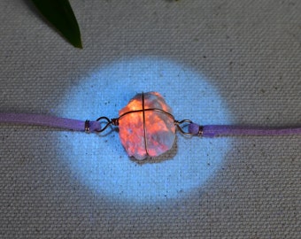 FLUORESCENT HACKMANITE wrapped in 14 K Rose Gold wire. Fluorescent Crystal Bracelet, unique boho rave jewelry, handmade, raw natural