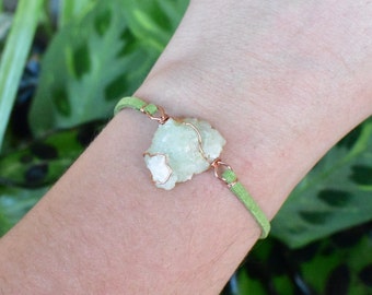 Prehnite crystal bracelet, unique boho rave jewelry, copper wire wrapped handmade art, raw natural gemstone.