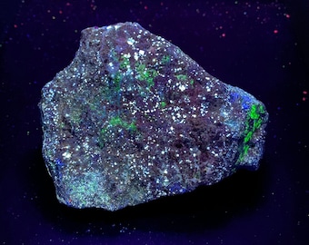 Scheelite and Hyalite on matrix. Shortwave Sw Uv. Princess Pat Mine, Near Adalantio, California