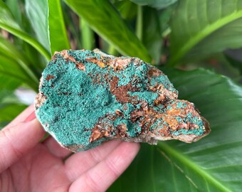 May include: A rough, green and brown rock with a crystalline texture. The rock has a natural, earthy appearance.