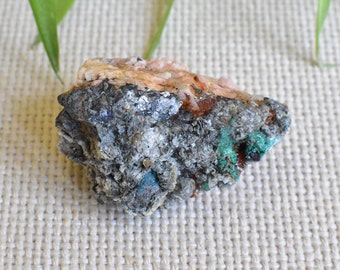 MALACHITE, DOLOMITE, GYPSUM, Azurite, and Galena. Beautiful green, blue, and brown mineral color composition from Morocco.
