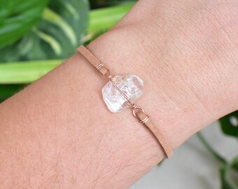 CLEAR QUARTZ CRYSTAL wrapped in 14 K Rose Gold wire. Crystal Bracelet, unique boho rave jewelry, wire wrapped handmade, raw natural gemstone