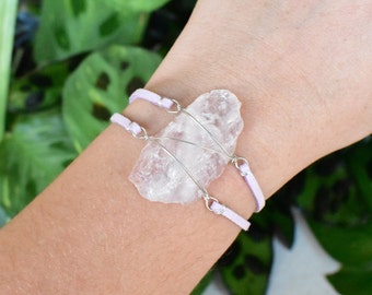 ROSE QUARTZ Bracelet wrapped in Silver Plated wire. Unique boho rave crystal jewelry, wire wrapped handmade, raw natural gemstone