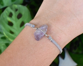 Amethyst Bracelet wrapped in Silver Plated wire. Unique boho rave crystal jewelry, wire wrapped handmade, raw natural gemstone