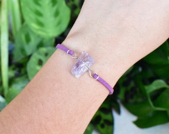 Amethyst Bracelet wrapped in Silver Plated wire. Unique boho rave crystal jewelry, wire wrapped handmade, raw natural gemstone