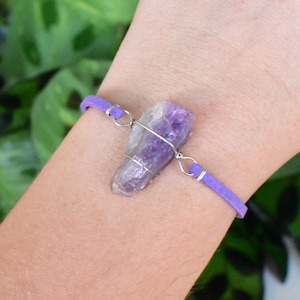 Amethyst Bracelet wrapped in Silver Plated wire. Unique boho rave crystal jewelry, wire wrapped handmade, raw natural gemstone