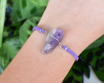 Amethyst Bracelet wrapped in Silver Plated wire. Unique boho rave crystal jewelry, wire wrapped handmade, raw natural gemstone