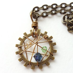 Wire Wrapped Necklace - Gear Necklace - Steampunk Necklace - Swarovski Crystal Beaded Jewelry - Antique Brass - Studio Addition