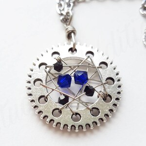 Wire Wrapped Necklace - Gear Necklace - Steampunk Necklace - Swarovski Crystal Beaded Jewelry - Antique Silver - Studio Addition