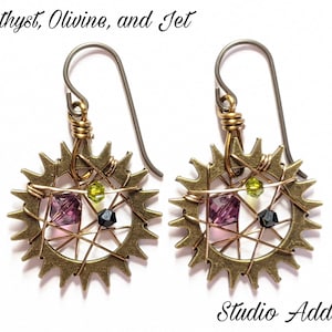 Steampunk Earrings - Gear Earrings - Wire Wrapped Earrings - Niobium Earrings - Swarovski Crystal Earrings - Mechanical Engineer - Gears