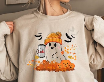 Cute Ghost PNG | Fall Halloween Sublimation Design | Ghost with Diet Coke, Pumpkins, Bats & Autumn Leaves | Cozy Halloween PNG