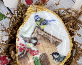 Winter Bird Theme Oyster Shell Ornaments with Gold Accents and Glossy Epoxy Finish, Christmas Gift, Rwady to Ship!