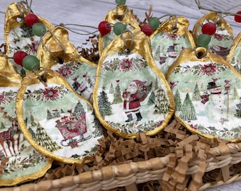 Adornos navideños clásicos de concha de ostra con detalles dorados y acabado acrílico semibrillante, Navidad vintage, regalo navideño para anfitriona de vacaciones