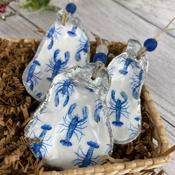 Blue Lobster Oyster Shell Ornaments with Silver Accents, glass beads finished with a smooth Glossy Epoxy Finish. Set of 3, Father’s Day Gift