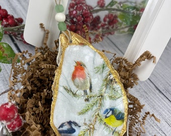 Bird Theme Oyster Shell Ornaments with Gold Accents and Glossy Epoxy Finish, Christmas Gift