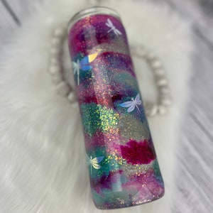 Dragonfly Alcohol Ink swirl Glitter Epoxy Tumbler,  pink and Teal 20 Oz. Skinny Stainless, Christmas gift