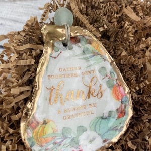 Large Beachy Thanksgiving Oyster Shell Ornament with Gold Accents and glossy epoxy finish, Christmas Gift, Coastal decor, housewarming gift