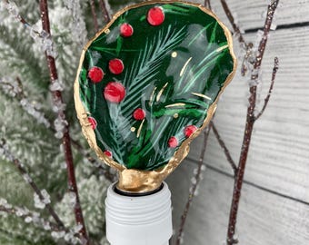 Tapón de vino con forma de concha de ostra de acebo navideño con acabado dorado y epoxi, decoración navideña de playa, regalo de boda, regalo de vino, accesorios de bar