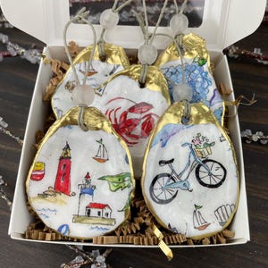 Set of 5 small Cape Cod themed Oyster Shell Ornaments with gold accents and glass bead,  Coastal Decor, Christmas Gift, Decoupage Oyster