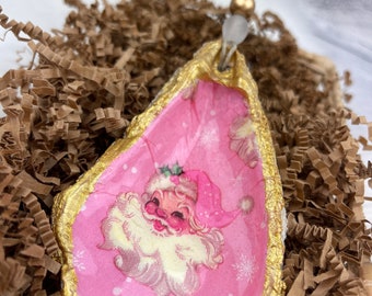 Pink Santa Oyster Shell Ornaments with Gold Accents and Glossy Epoxy Finish, Christmas Gift, Ready to ship!