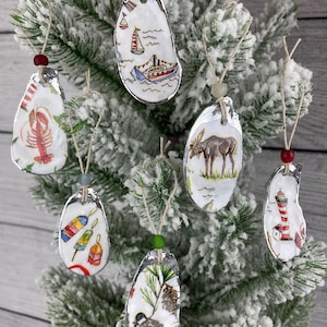 Set von 6 Mini Maine Austernschalen mit silbernen Akzenten und Glasperle, Küstendekor, Weihnachtsgeschenk, Decoupage Auster