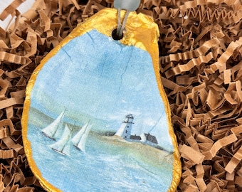 Sailboat Oyster Shell Ornament with Lighthouse, Gold accents and Gloss Finish, Coastal Decor, Beach Ornament, Valentines Day Gift