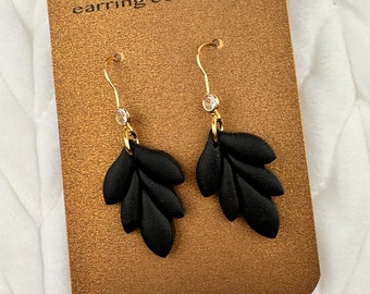 Black Pedal Polymer Clay earrings with plated Gold Accents, Dangle Clay Earrings